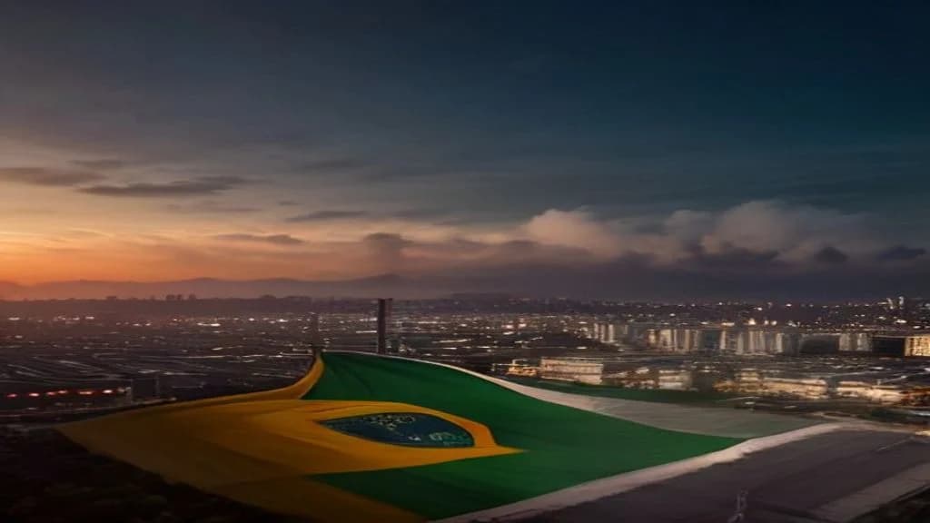 Brazília zászlaja egy stadion felett, a háttérben ipari várossal