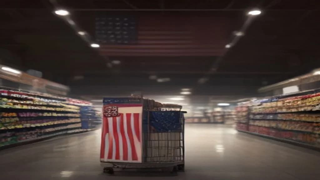 Üres bevásárlókocsi egy amerikai élelmiszerbolt sorai között